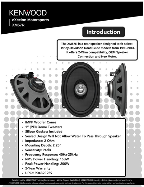 KENWOOD eXcelon Motorsports Sell Sheet XM57R